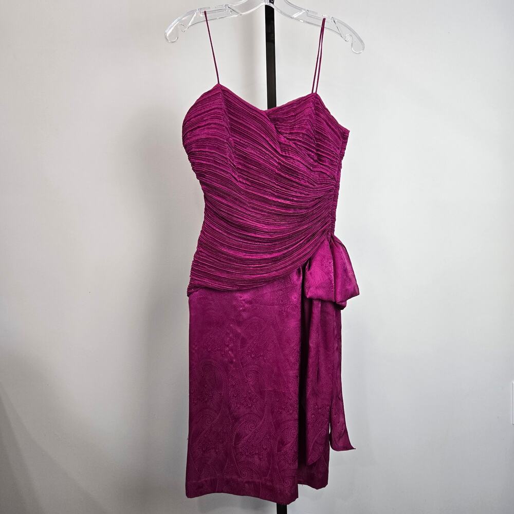 Morton Myles Saks Vintage‎ Midi Dress Silk Ruched Printed Magenta Event Guest 10